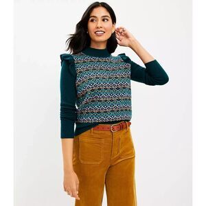Green Printed LOFT Geo Jacquard Mock Neck Ruffle Shoulder Pullover Sweater (NWT)